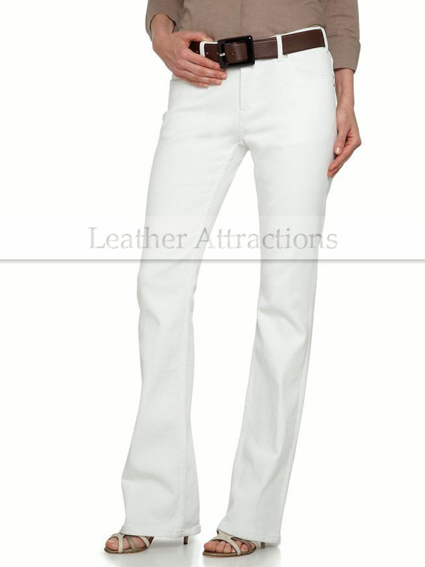 Button At Waist Women White Leather Pants