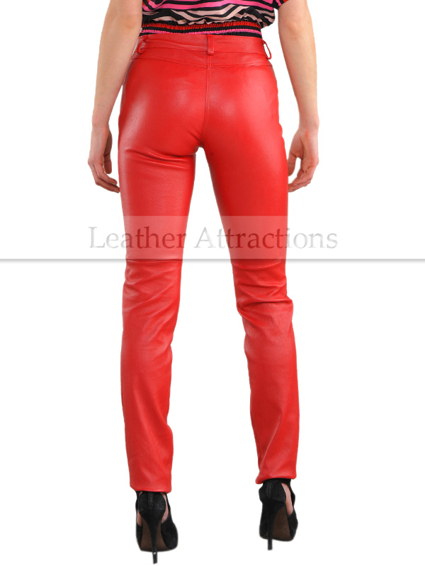 Women Chili Red Cigarette Straight leather Pants